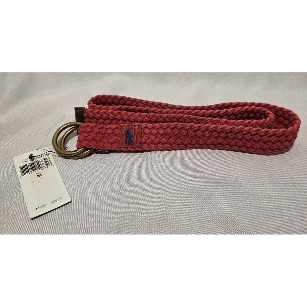 Polo Ralph Lauren Double O-Ring Braided Canvas/Leather Trim Red Belt NWT. Size M